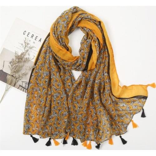 Luxury Brand Yellow Ginkgo Floral Tassel Viscose Shawl Scarf Lady Fashion Print Soft Wrap Neck Snood Muslim Hijab Capes 180*90Cm