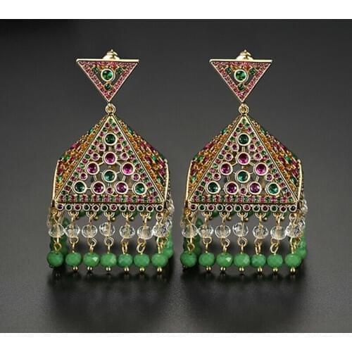 India Ethnic Women Jhumka Zircon Tribe Bells Beads Earrings Drop Dangle Tassel Jewelry Boho Style Evening Party Fashion Earrings