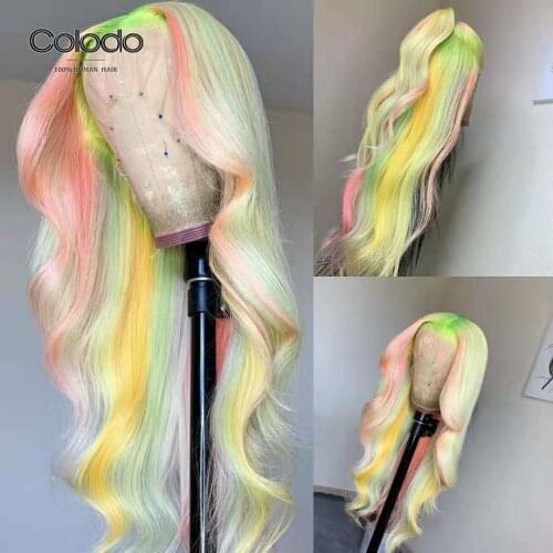 COLODO Amazing Yellow Rainbow Color Lace Front Human Hair Wigs Pink Pre Plucked Brazilian Remy Green Transparent Lace Wigs