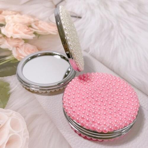 Round Mini Vanity Mirror Double-sided Pearl Folding Mirror Portable PU Leather Makeup Mirror Pocket Kawaii Makeup Small Mirror