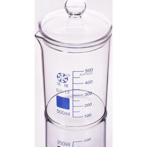 Beaker in low form with spout,Capacity 500ml,Outer diameter=90mm,Thickness=3mm,Height=120mm,Laboratory beaker