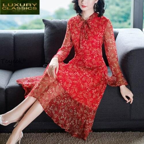 Real Vintage Summer Spring Silk Dress Women Clothes 2021 Korean Elegant Ladies Print Vestidos Red Boho Party Dresses 8826