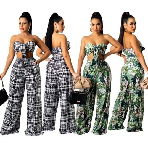 Sexy Ladies Suit African Clothing Wrapped Chest Halter Top + Loose Wide Leg Casual Pants Two-Piece Set 2021 New Summer Women