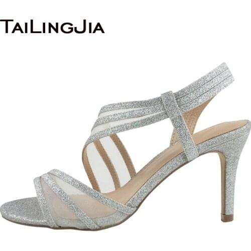 Open Toe Summer Sandals for Women Stiletto High Heels Party Dress Shoes Elegant Silver Glitter Mesh Sandal Ladies Big Size Heels