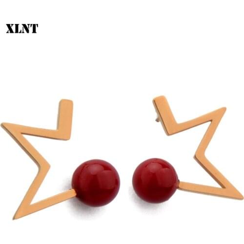 XLNT Boho Crystal Red ball Stars Geometry Stud Earrings for Women Punk Design Wedding Bohemian Stainless Jewelry