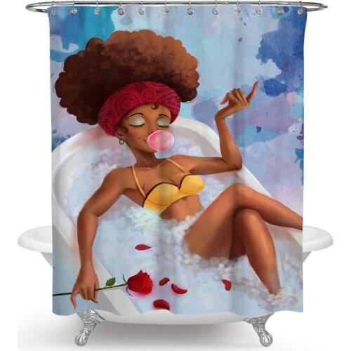 Afro Sexy Lady Shower Curtain Sexy Bikini Black Woman Lying on The Bathtub with Pupping Bubble Gun