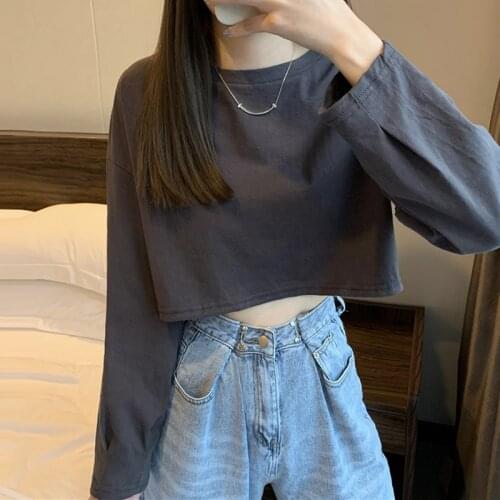 Super Fire Harbor Short T-shirt Womens Spring and Summer Korean Style High Waist Midriff-Baring Long Sleeve Top
