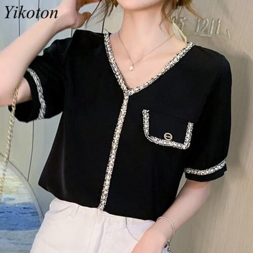 Summer Chiffon Blouse Shirt For Women White Shirt New 2021 Casual V-Neck Pocket Ladies Sexy Short Sleeve Tops Female Slim Blusas