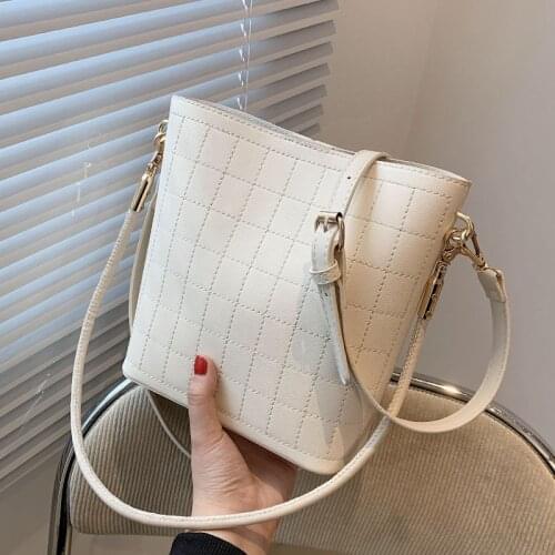 Solid Color Lattice PU Leather Crossbody Bags For Women 2021 High Capacity Bucket Shoulder Bag Lady Luxury Brand Travel Handbags