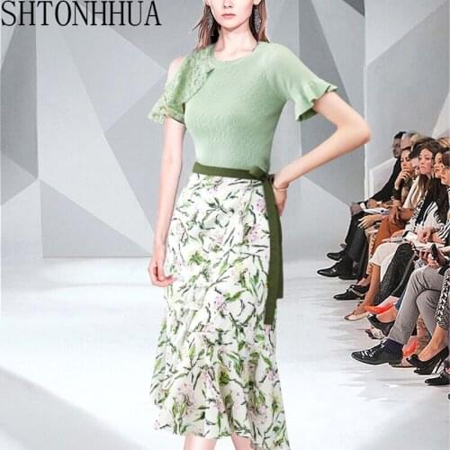 2020 Summer Elegant Womens Sets Patchwork Lace Short Sleeve Knitted Top +High Waist Lace Up Mermaid Skirts Women 2 Pieces Set