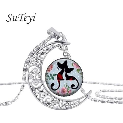 SUTEYI Fashion Black Cats Necklace Rosina Wachtmeister Cats Glass Cabochon Pendant Cats Body Animal Jewelry Moon Necklaces