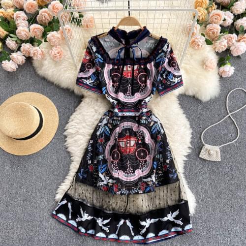 Europe Style 2021 New Summer Women Short Sleeve Retro Print Patchwork Mesh Fashion A-line Dress Female Party Dresses