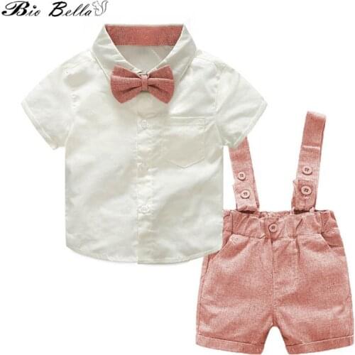 Summer Baby Boys Clothes Suit Bow Tie Short Sleeve Shirt+Bib Shorts Overalls 2pcs/set Handsome Boys Kids Casual Boy Clothes