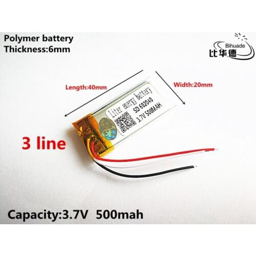 3 line Good Qulity 3.7V,500mAH,602040 Polymer lithium ion / Li-ion battery for TOY,POWER BANK,GPS,mp3,mp4