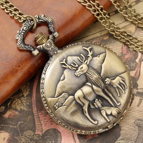 Retro Bronze Deer Pattern Quartz Movement Pocket Watch Alloy Case Round Dial Antique Old Clock Unisex Slim Chain Pendant Watches