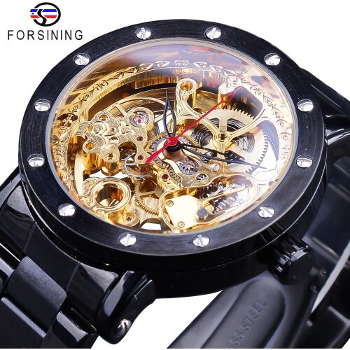 Forsining Black Luxury Nail Bezel Antique Steampunk Men Skeleton Mechanical Watch Steel Top Brand Automatic Royal Flower Engrave