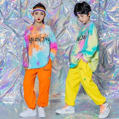 Kids Show Hip Hop Clothing Tie Dye Sweatshirt Tops Jogger Pants Streetwear For Girls Boys Dance Costume Singers Stage Clothes
