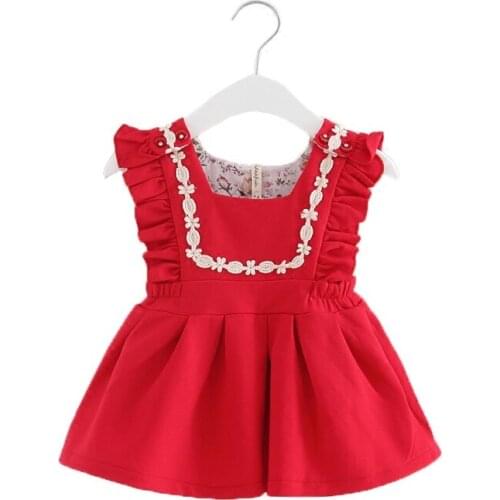 Preppy Style Infant Puff Sleeve Baby Girls Birthday Party Dresses Christening Toddler Princess Dress for 0-2 Yrs red pink