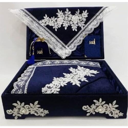 French Filet Lace Coffer Prayer Rug Set Velvet Bundle Set Navy Blue, Navy Blue Bundle Set
