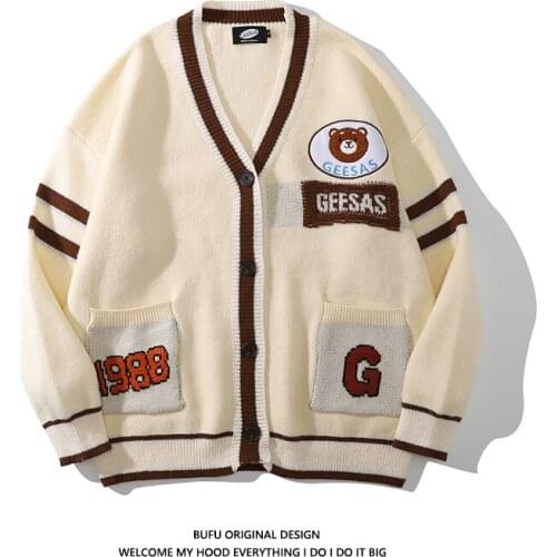 Women Cardigan Korean Fashion Stripe Wool Sweater for Men Winter New Long Sleeve V-neck Casual Cartoon Pictures Knitwear Coats