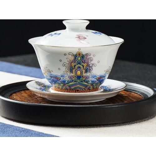 Ceramic Enamel Painted Gaiwan Blue And White Tea Tureen Porcelain Big Tea Bowl Kung Fu Teaware Tea Ceremony Accessories
