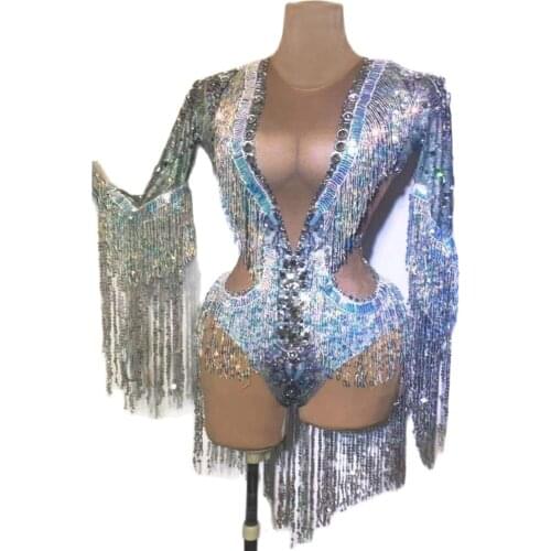 Silver Tassel Jumpsuits Crystal Rhinestone Bodycon Rompers Women Long Sleeves Latin Dance Costume Party Stage Nightclub Costume