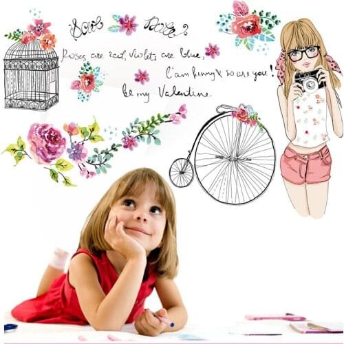 Creative Bicycle Birdcage Beautiful Flower Camera Girl Wall Sticker Bedroom Dormitory Living Room Home Decor Stickers Decals