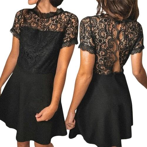 Summer Women Solid Color A-Line Dress Sexy Hollow Out Design Lace Decor See Through O-Neck Short Sleeve Backless Slim Mini Dress