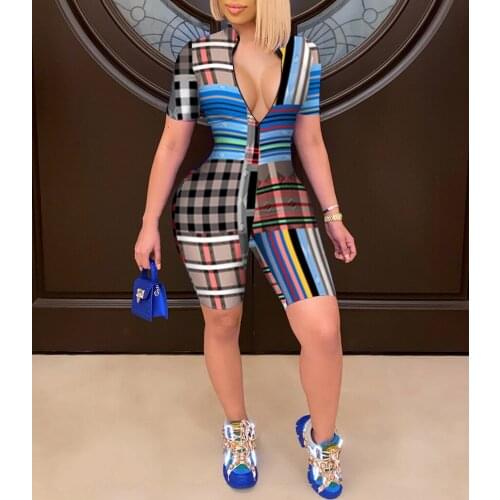 High Street Fashion Skinny One Piece Biker Shorts Jumpsuits For Womens Outfits Summer Short Sleeve Bodycon Playsuits Cool Girl