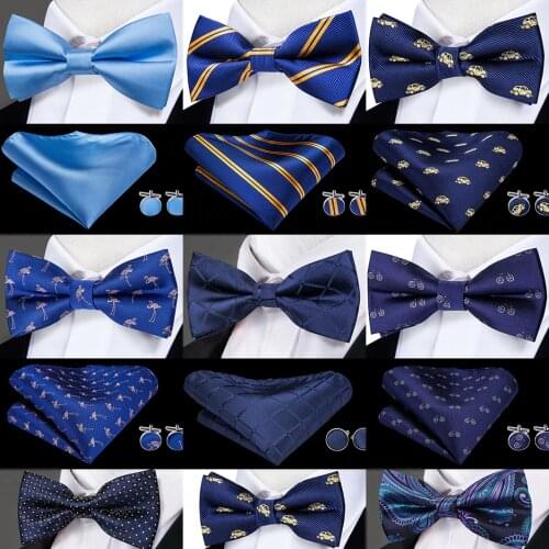 100% Silk Mens Wedding Party Bow Tie Set for Men Blue Floral Blue Pliad Bowtie Pocket Squre Cufflinks Set Fashion Necktie Men