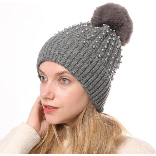 2020 new autumn and winter solid color fleece-lined Pearl fashion warm wool hat womens knitted hat