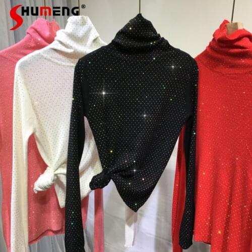 2021 Autumn and Winter New European Hot Rhinestone Womens Full Body Diamond Turtleneck Pullover Long Sleeve Slim Top Sweater
