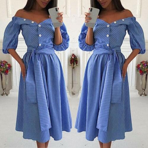 2019 Autumn New Women Sexy Off shoulder Stripe Three Quarter Sleeve Button Bandage Casual Wrap Midi Dress
