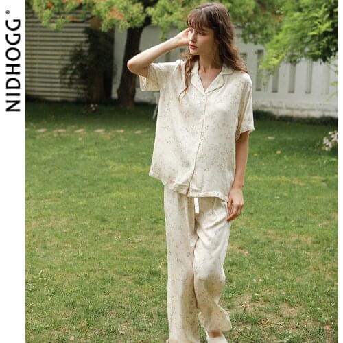 Summer Thin Satin Pajamas Short-sleeved Trousers Sleepwear Willow Print Viscose Lounge Wear Two Piece Pijamas Set Home Clothes