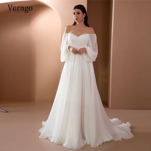 Verngo Simple Silk Chiffon A Line Beach Wedding Dress Off the Shoulder Puff Long Sleeves Pleats 2021 Bride Dresses Plus Size