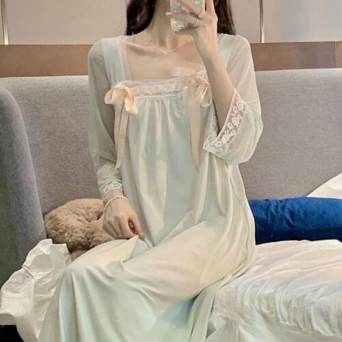 QWEEK Night Dress Women Sleepwear Lace Bow Kawaii Nightgowns Pink Green Night Wear Girls Home Clothes Spring Autumn Sleepshirts