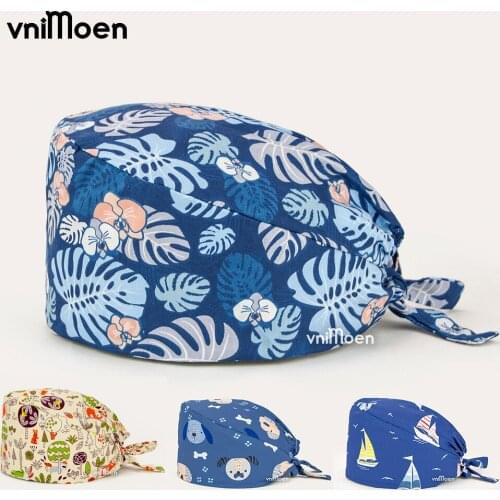Wholesale women work hat Cotton Unisex Floral printing pet grooming hat Scrub cap beauty salon hat accessories 24h delivery