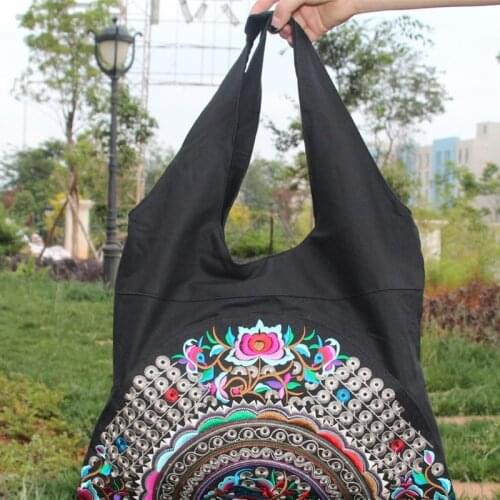 Womens Ethnic Style Vintage Shoulder Bag Retro Embroidered Colorful Floral Pattern Top Zip Large Tote Travel Handbag