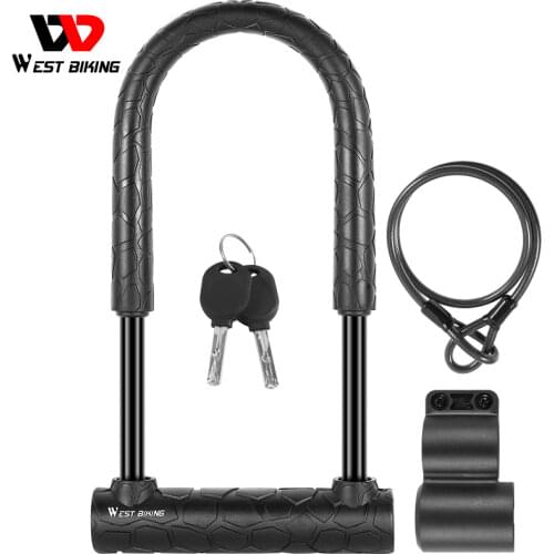 WEST BIKING Anti-Theft Secure Bike Lock Steel MTB Road Bicycle Cable U Lock With 2 Keys Motorcycle Scooter Cycling Accessories