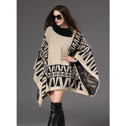 YWAIRSUN Black beige button lapels female pullover bat sleeve coat shopping female scarf knit shawl geometric pattern cloak