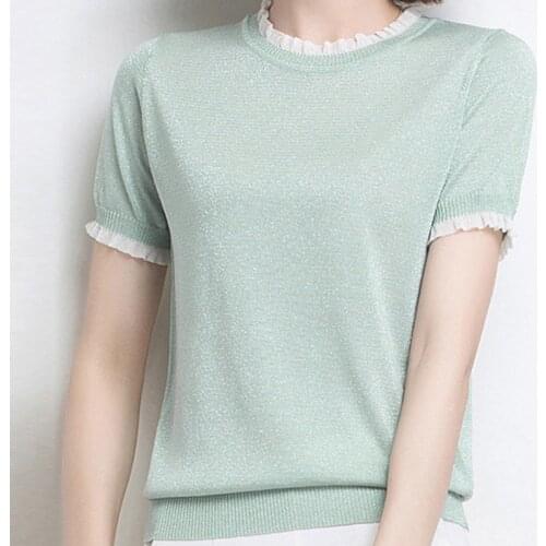 LJSXLS O Neck Bright Silk Short Sleeve T-Shirt Women 2021 Summer Vintage Clothes Solid Thin Knitted Fashion Top Tee Shirt Femme