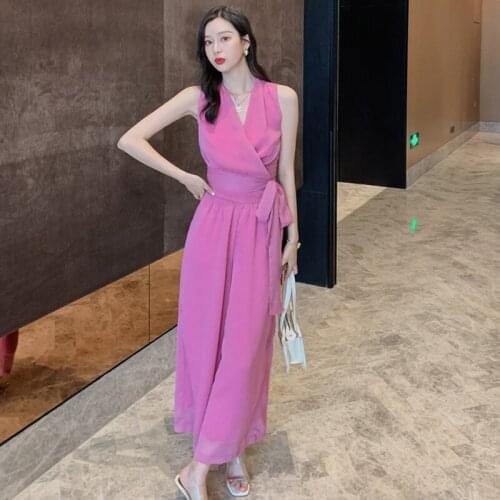 New arrival fashion set for women summer elegant v-neck sleeveless simple temperament chiffon pant and top two piece sets