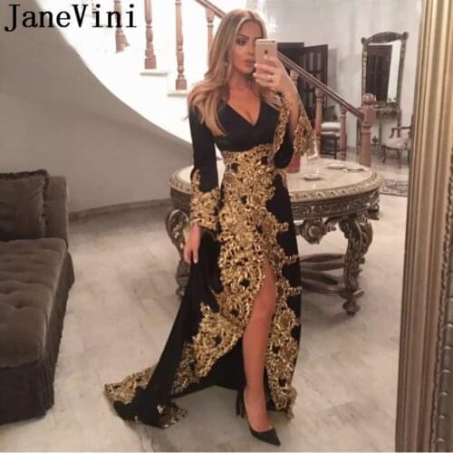 JaneVini Gold Appliques Ladies Long Evening Dresses Arabic Wear Long Sleeve Black Formal Dress Mother of the Bride Dresses 2019