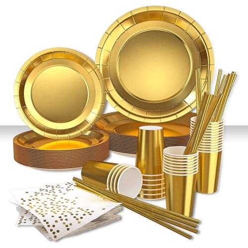 125Pcs Golden Disposable Party Tableware 25 People Paper Plate Napkin Straw Cup Set Wedding Birthday Party Decoration Supplies