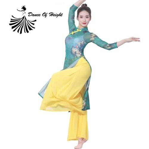 Plus Size New Gauze Classical Dance Clothes Print Folk Dance Wear Cheongsam Dance Practice Top Blouse Two Side Split Half Sleeve
