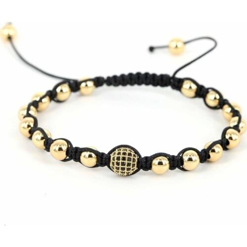 Brand Men Bracelets 24K Gold 4mm Round Beads & 8mm Micro Pave Black CZ Beads Braiding Macrame Bracelet Fit Men Fathers Day Gift