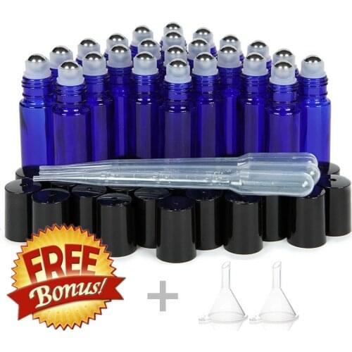 24pcs 10ml Glass Roller Bottles Empty Cobalt Blue with Stainless Steel Metal Roll On Ball for Essential Oils Lip Gloss Perfume