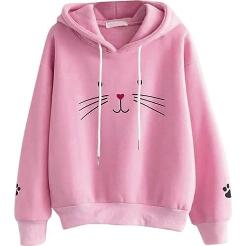 Harajuku Kawaii Cat Print Hoodies Women Autumn Winter Cute Clothes Long Sleeves Drawstring Hoody Blouse Jackets Girls Sweatshirt