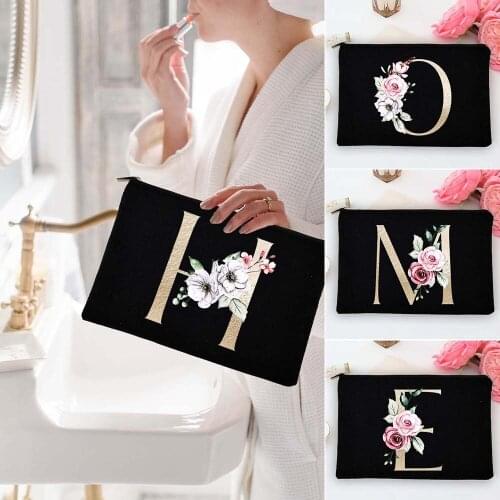 Gold Flowers Alphabet Canvas Makeup Bag Cosmetic Pouch Female Fashion Toiletries Lipstick Mascara Storage Bags Party Best Gift