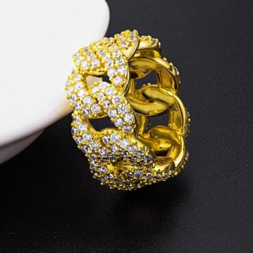 Gold Color Rings Hip Hop Punk Zircon Crystal Ring Cuban Luck Link Chain Exaggerated Street Artist Ring for Women Men Jewelry